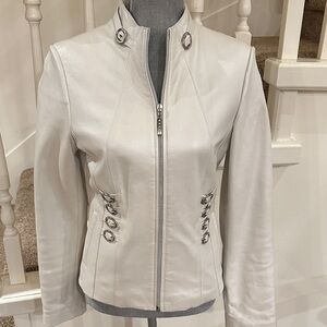 Nwot. White leather jacket with rhinestone buckles